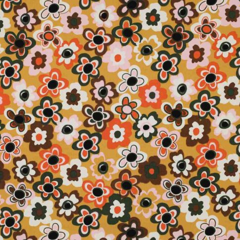 Coupon Tissu Jersey stretch fleurs Floraviva muticolores sur fond Jaune moutarde - Coupon de 110 cm