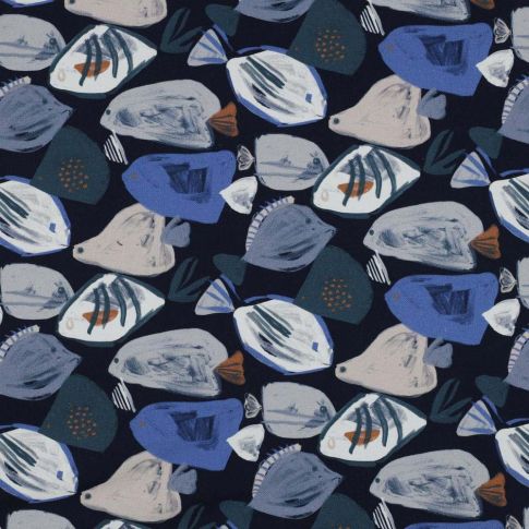 Coupon Tissu Toile Canvas Poissons sur fond Bleu ardoise - Coupon de 200 cm