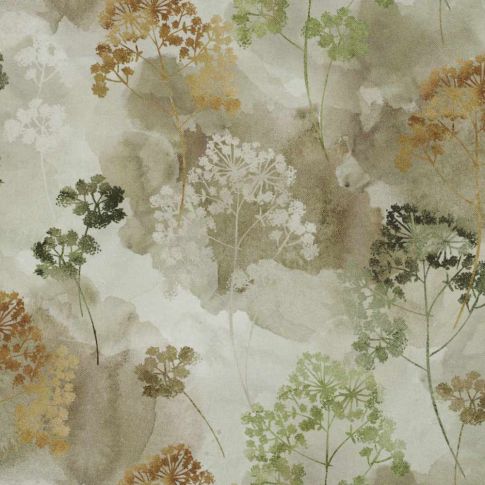 Coupon Tissu Toile de Coton Canvas feuillage Ombelle sur fond Beige - Coupon de 50 cm
