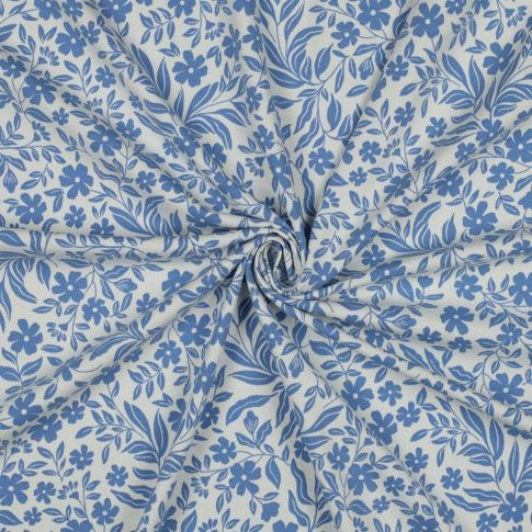 Coupon Tissu Jersey Coton imprimé Petites Fleurs Bleues sur fond Blanc - Coupon de 10 cm
