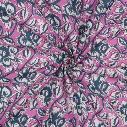 Tissu Coton indien Block print Fleuris Lilou sur fond Rose bonbon
