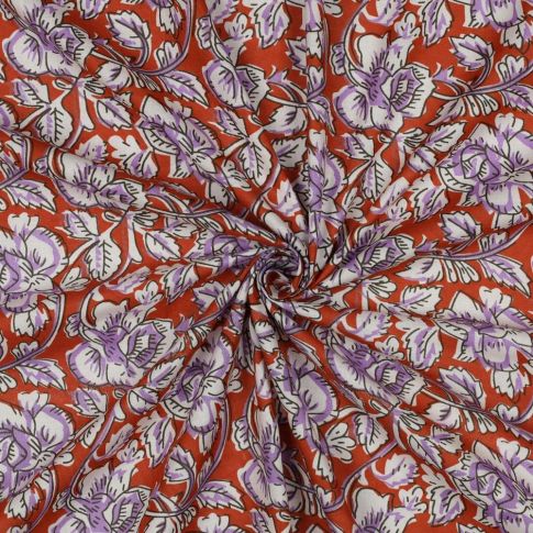 Tissu Coton indien Block print Fleuris Théo sur fond Orange