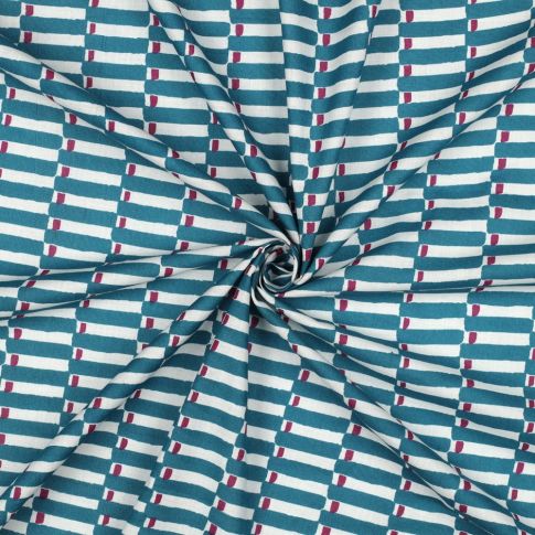 Tissu Coton indien Block print Géométrique sur fond Bleu pétrole