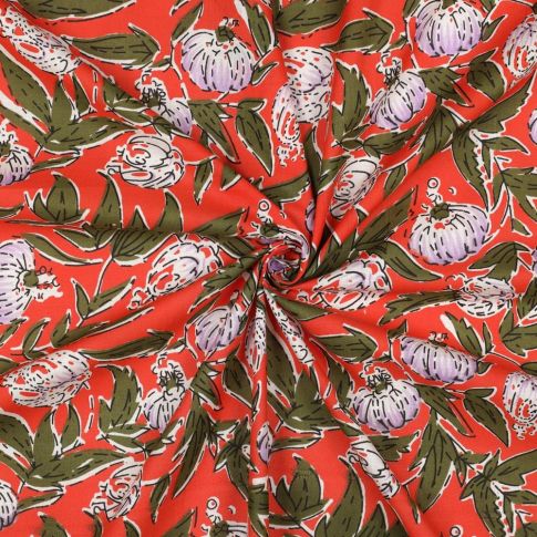 Tissu Coton indien Block print Fleuris Emma sur fond Rouge