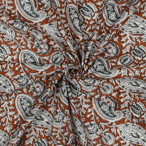 Tissu Coton indien Block print motif Cachemire sur fond Marron