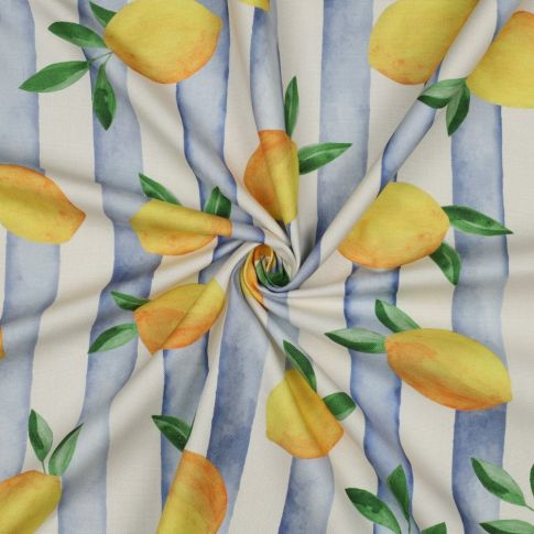 Tissu Toile de Coton Canvas digital Citrons Jaunes et rayures bleues sur fond Blanc