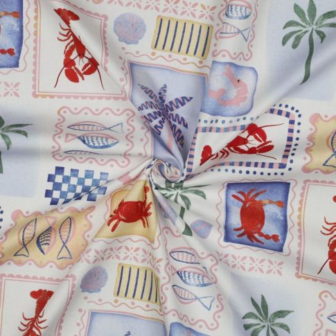 Tissu Toile de Coton Canvas digital Patchwork marin sur fond Blanc