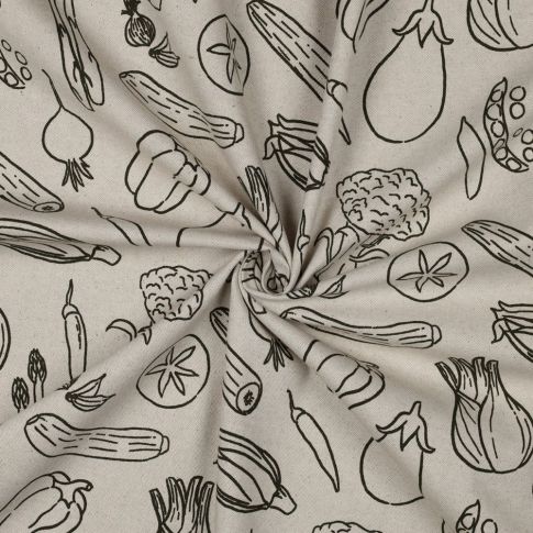 Tissu Toile Coton Canvas aspect Lin Légumes du Jardin sur fond Naturel