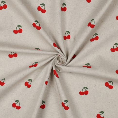 Tissu Toile Coton Canvas aspect Lin Petites Cerises sur fond Naturel