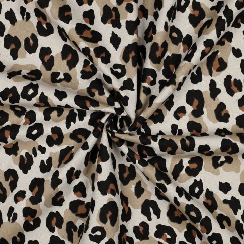 Tissu Toile Coton Canvas aspect Lin Léopard Noir sur fond Naturel