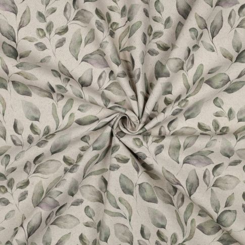 Tissu Toile Coton Canvas aspect Lin feuilles Eucalyptus sur fond Naturel