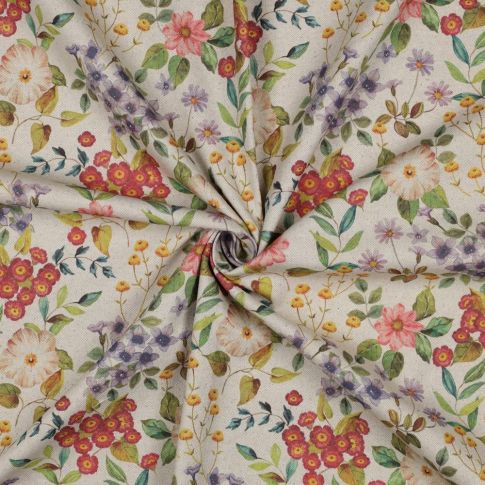 Tissu Toile Coton Canvas aspect Lin Jardin Bohème sur fond Naturel