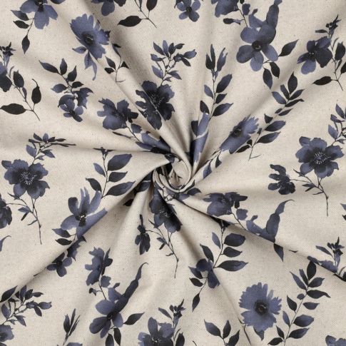 Tissu Toile Coton Canvas aspect Lin petites fleurs Bleu nuit sur fond Naturel