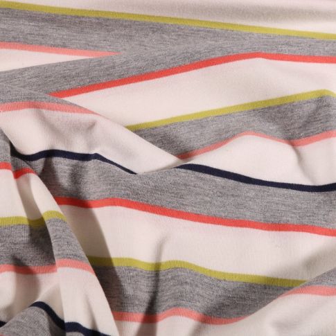 Coupon Tissu Jersey coton Rayures colorés sur fond Gris chiné - Coupon de 80 cm