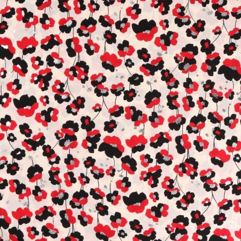 Coupon Tissu Satin imprimé Fleurs rouge noir et argent sur fond Blanc cassé - Coupon de 10 cm