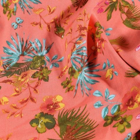 Coupon Tissu Viscose  Tropique sur fond Corail - Coupon de 70 cm