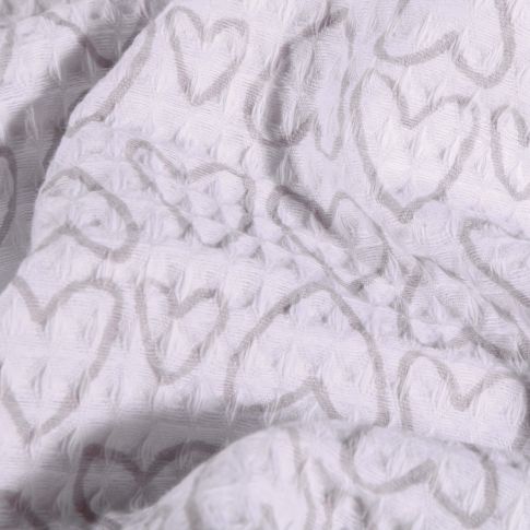Coupon Tissu Nid d'abeille imprimé Cœurs gris sur fond Blanc - Coupon de 50 cm