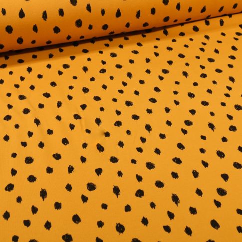 Coupon Tissu Sweat léger envers molletonné Bio Pois noirs sur fond Jaune curcuma - Coupon de 40 cm