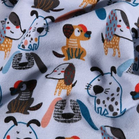 Coupon Tissu Sweat léger Bio envers tout doux Chiens colorés sur fond Bleu - Coupon de 60 cm