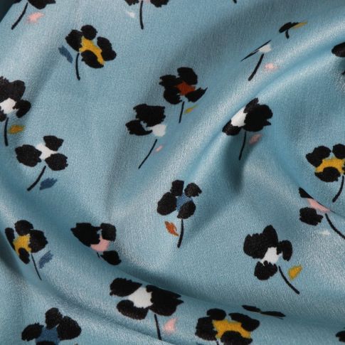 Coupon Tissu Satin imprimé Fleurs noirs et colorés sur fond Bleu ancien - Coupon de 60 cm