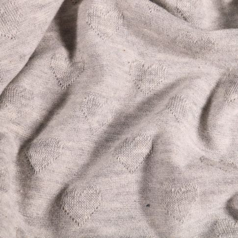 Coupon Tissu Jersey coton Cœurs 3D en relief sur fond Gris chiné - Coupon de 60 cm