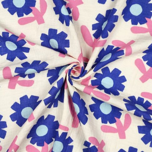 Tissu Double gaze de Coton Bio Jennifer Bouron fleurs Bleu sur fond Ecru
