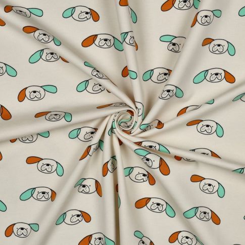 Tissu Sweat léger Bio Jennifer Bouron chiens Orange et Vert sur fond Naturel