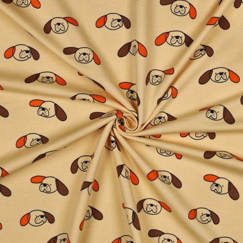 Tissu Sweat léger Bio Jennifer Bouron chiens Orange et Marron sur fond Beige sable