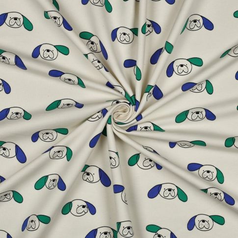 Tissu Sweat léger Bio Jennifer Bouron chiens Bleu et Vert sur fond Ecru