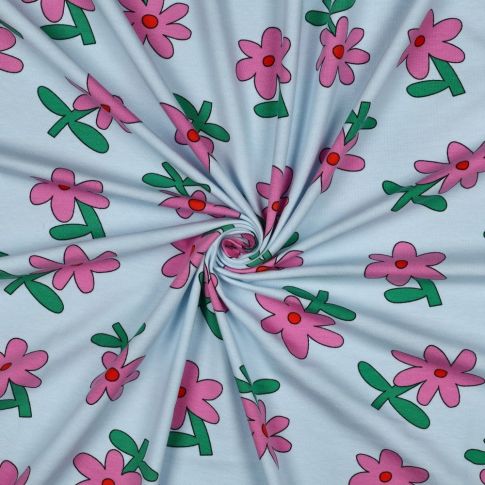 Tissu Jersey Coton Bio Jennifer Bouron fleurs Rose sur fond Bleu ciel