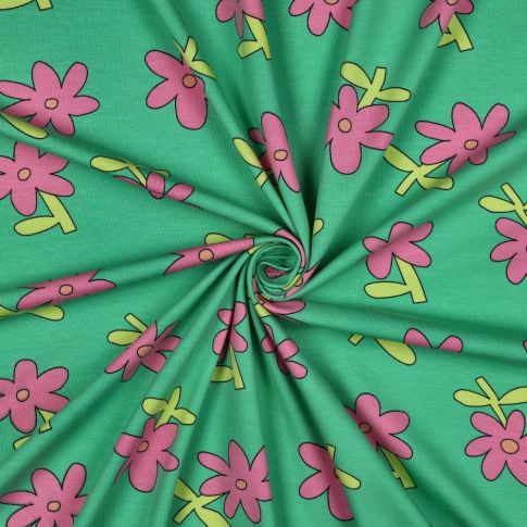 Tissu Jersey Coton Bio Jennifer Bouron fleurs Rose sur fond Vert