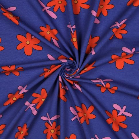 Tissu Jersey Coton Bio Jennifer Bouron fleurs Rouge sur fond Bleu marine