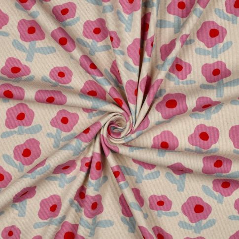 Tissu Jersey cotêlé Bio Jennifer Bouron fleurs Rose et Bleu sur fond Ecru