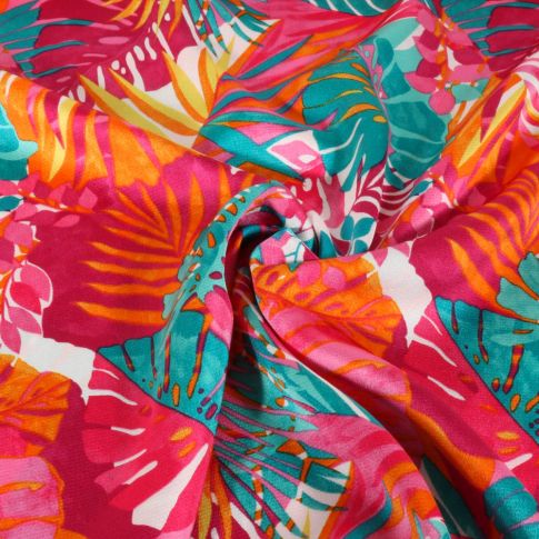 Coupon Tissu Satin imprimé Feuillage tropical sur fond Rose fuchsia - Coupon de 200 cm