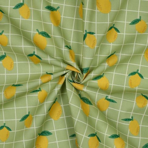 Tissu Coton enduit Poppy Citrons et carreaux sur fond Vert