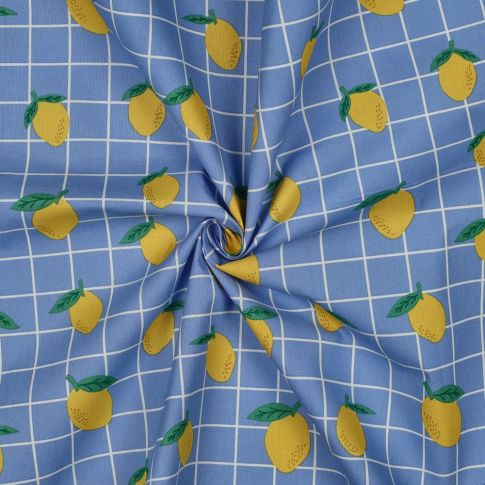 Tissu Coton enduit Poppy Citrons et carreaux sur fond Bleu