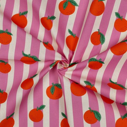 Coupon Tissu Coton enduit Poppy Oranges et rayures sur fond Rose - Coupon de 230 cm
