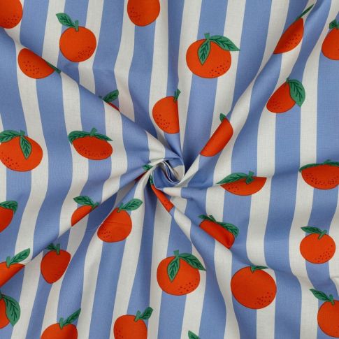 Tissu Coton enduit Poppy Oranges et rayures sur fond Bleu