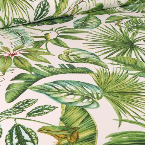 Tissu Toile de Coton Feuilles de palmiers sur fond Ecru