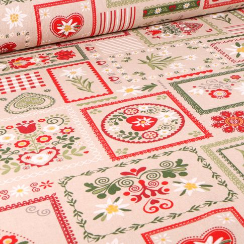 Tissu Toile de Coton Cartes fleuris sur fond Naturel