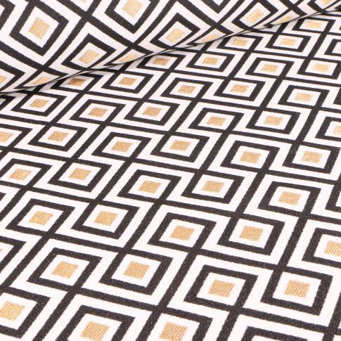 Tissu Jacquard Losanges dorés et noirs sur fond Blanc cassé
