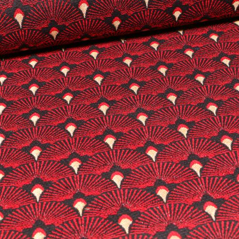 Tissu Jacquard Plumes de paons dorées sur fond Rouge