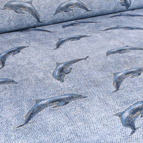 Tissu Jacquard Gobelin Dauphins sur fond Bleu chiné