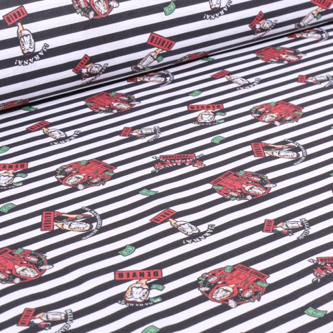 Tissu Coton imprimé sous licence Casa de papel rayé sur fond Blanc