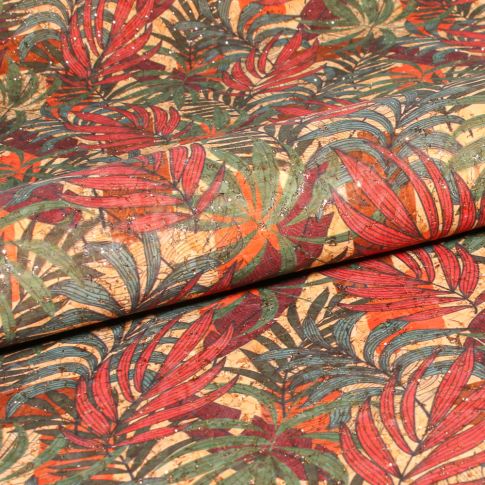 Coupon Tissu Liège  Feuillages pailleté sur fond Naturel - Coupon de 20 cm