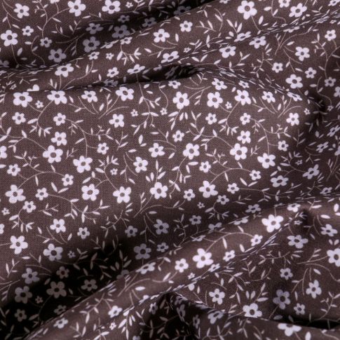 Coupon Tissu Popeline Coton Bio Petites fleurs blanches sur fond Gris - Coupon de 20 cm