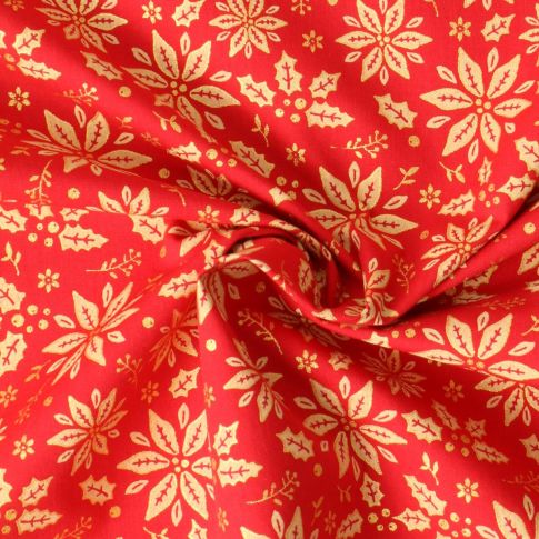 Tissu Coton imprimé Flocons dorés de noël sur fond Rouge