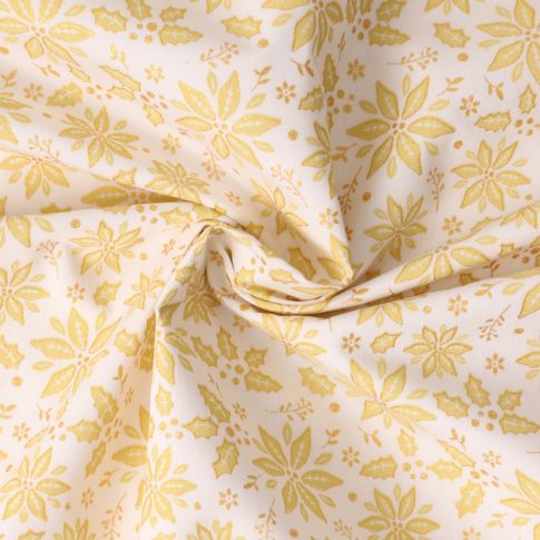 Tissu Coton imprimé Flocons dorés de noël sur fond Ecru