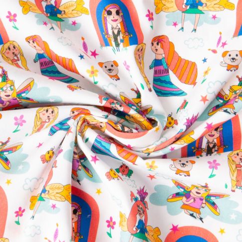 Tissu Popeline de Coton Dessin d'enfant sur fond Blanc