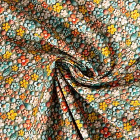 Tissu Popeline de Coton digital Maria tapis fleuri sur fond Vert kaki clair
